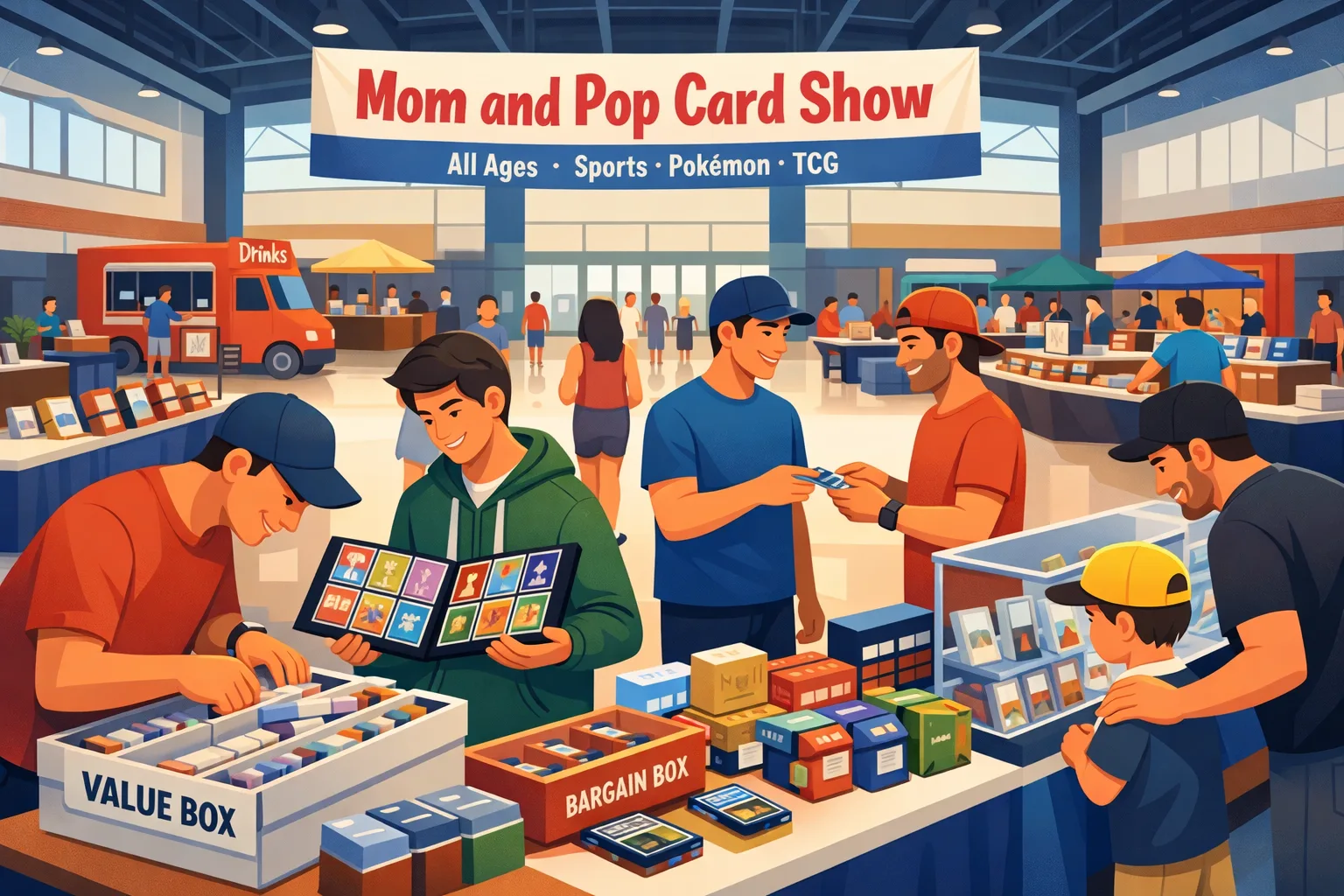 Mom and Pop Card Show at The Fieldhouse in Leander, Texas in May 2026, with collectors browsing sports cards, Pokémon binders, vendor tables, and display cases inside a lively community card show.