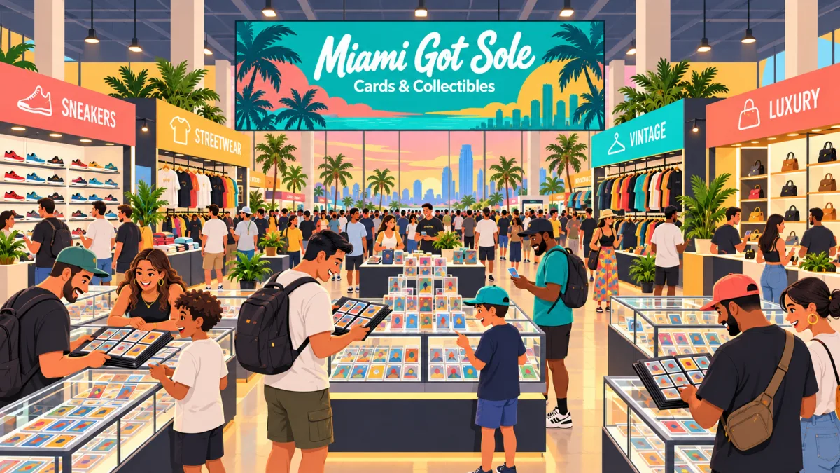Collectors browse card displays beneath a Miami Got Sole banner in a bright convention hall, with sneaker and clothing sections extending into the background.