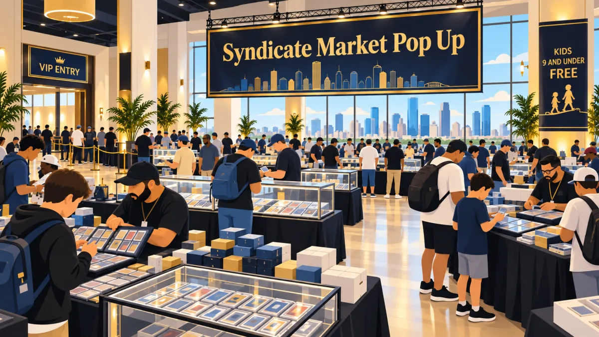 Illustration of collectors entering a one-room Houston card show beneath a Syndicate Market Pop Up banner, with VIP entry and kids-free callouts.