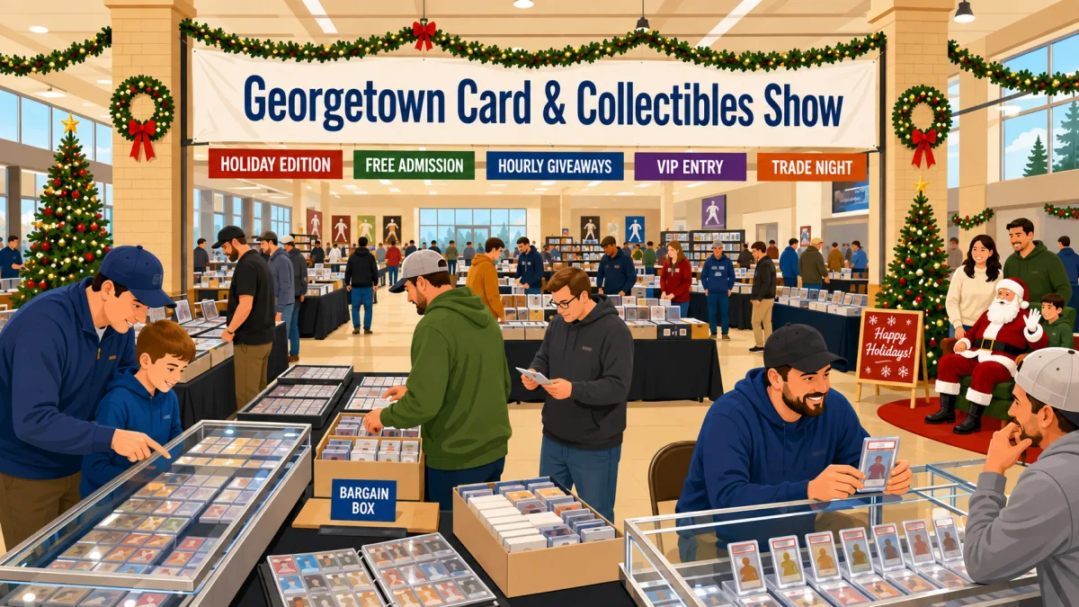 Illustration of families and collectors browsing card tables in a holiday-decorated Georgetown community center beneath a Georgetown Card & Collectibles Show banner.