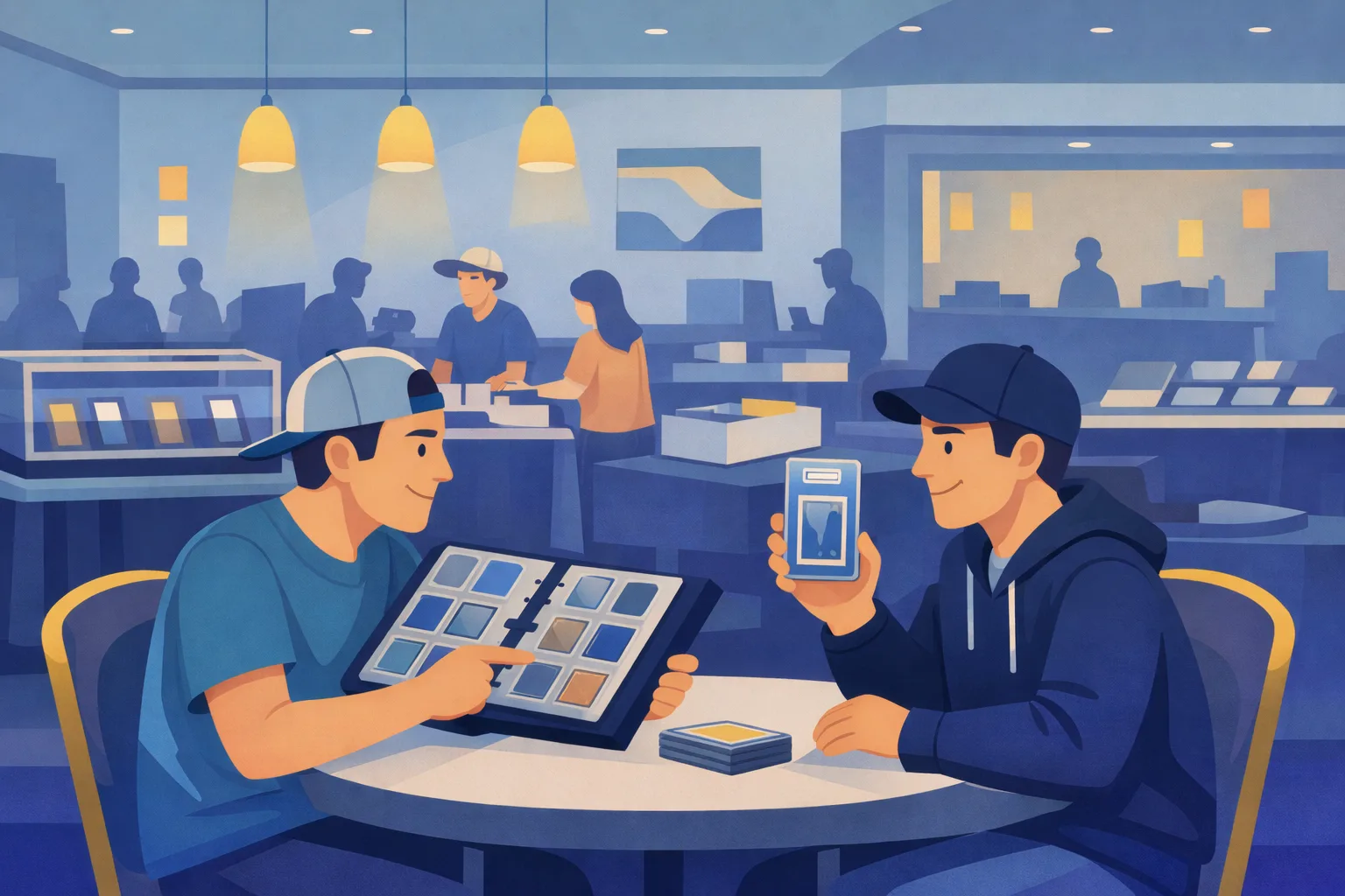 Modern flat illustration of a Pflugerville card show inside a hotel event space, with collectors trading cards at a table and vendor display cases in the background.