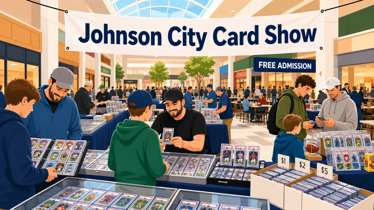 Johnson City Card Show at an indoor mall, vendors displaying graded slabs, binders of sports cards, and dollar bargain boxes as shoppers browse tables.