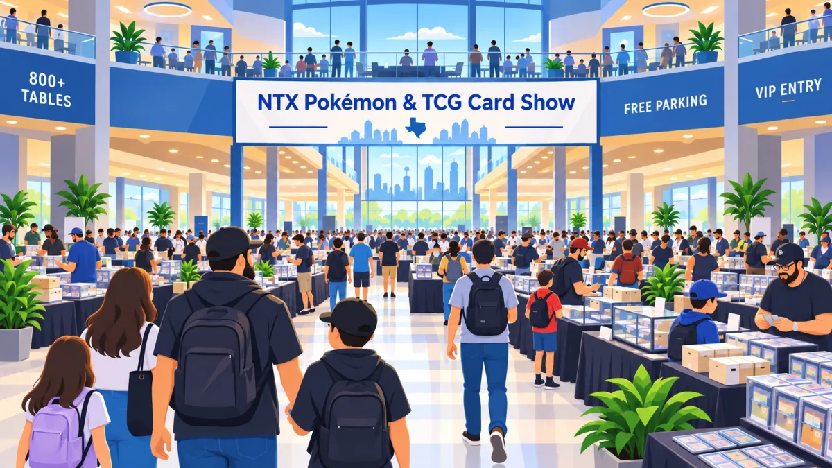 An illustrated two-floor arena card show with collectors browsing vendor tables beneath an NTX Pokémon & TCG Card Show banner.