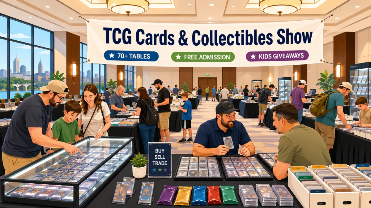 Collectors and families browse card tables inside a bright hotel ballroom beneath a TCG Cards & Collectibles Show banner with 70+ tables, free admission, and kids giveaways callouts.