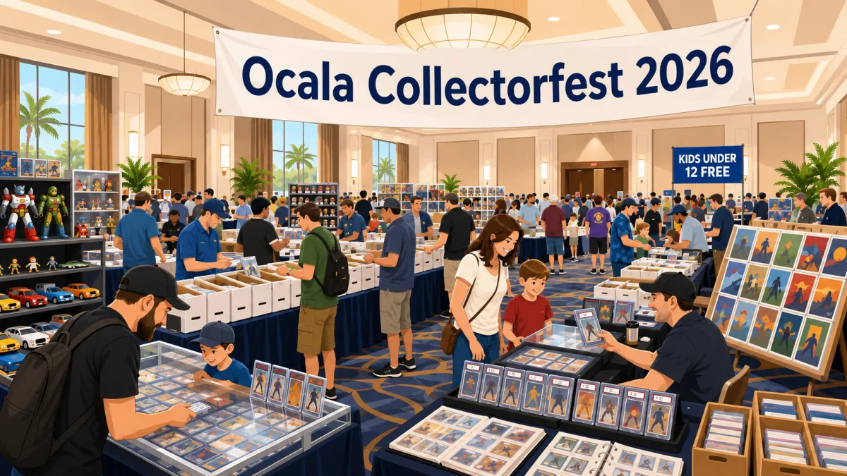 Ocala Collectorfest 2026 in a packed hotel ballroom with vendor tables of graded slabs, binders, and bargain boxes alongside vintage toys and collectible figures, kids under 12 free.