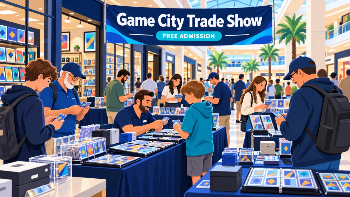 Collectors browse and trade at card tables in front of a hobby-store entrance inside Volusia Mall beneath a Game City Trade Show banner and free-admission sign.