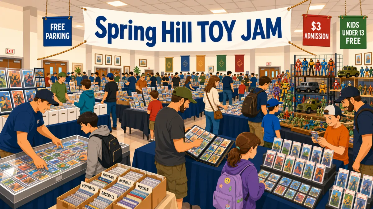 Spring Hill Toy Jam at a VFW hall, with graded card slabs in glass display cases, sorted sports card bins, and action figure displays as families browse