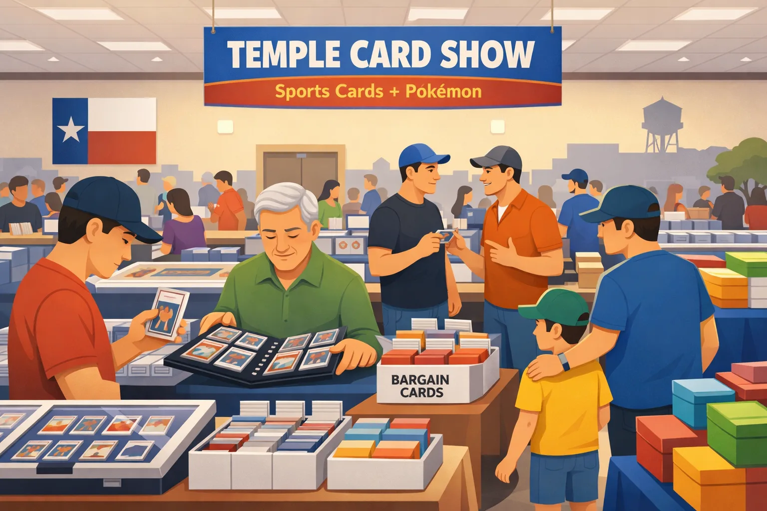 Temple Card Show March 2026 hero illustration showing a busy civic convention center in Temple, Texas with vendor tables, sports card displays, Pokemon binders, bargain boxes, and collectors browsing the show floor.