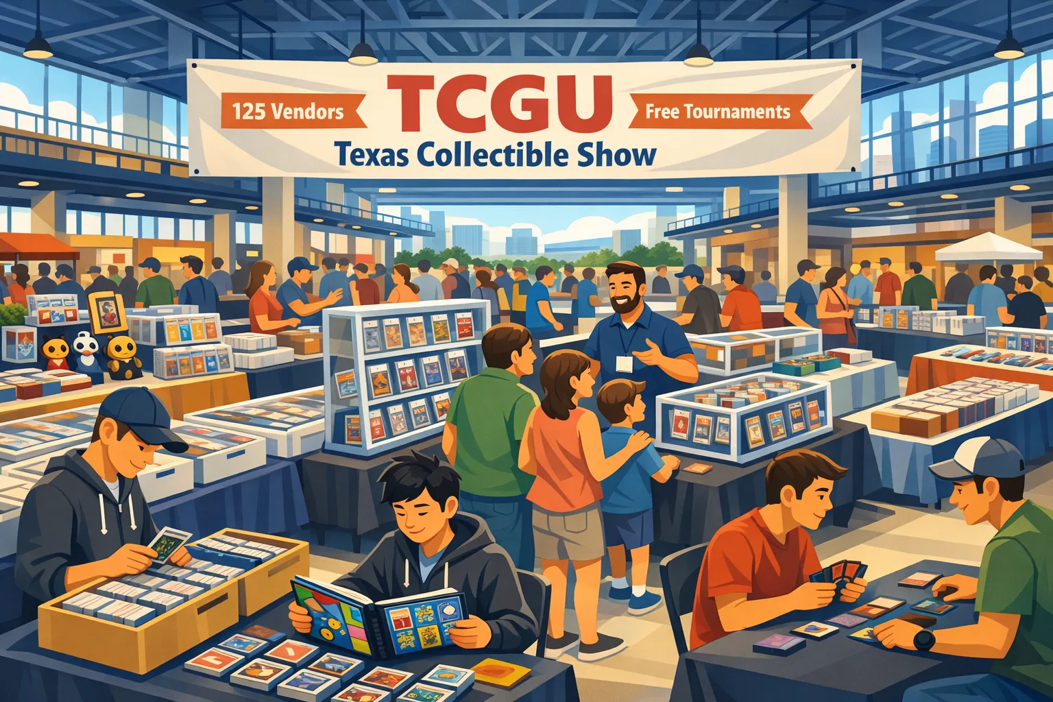 Illustration of the TCGU Texas Collectible Show in Houston at POST HTX in April 2026, showing a busy indoor card and collectibles event with vendor tables, display cases, sports cards, Pokémon binders, comics, and tournament play.