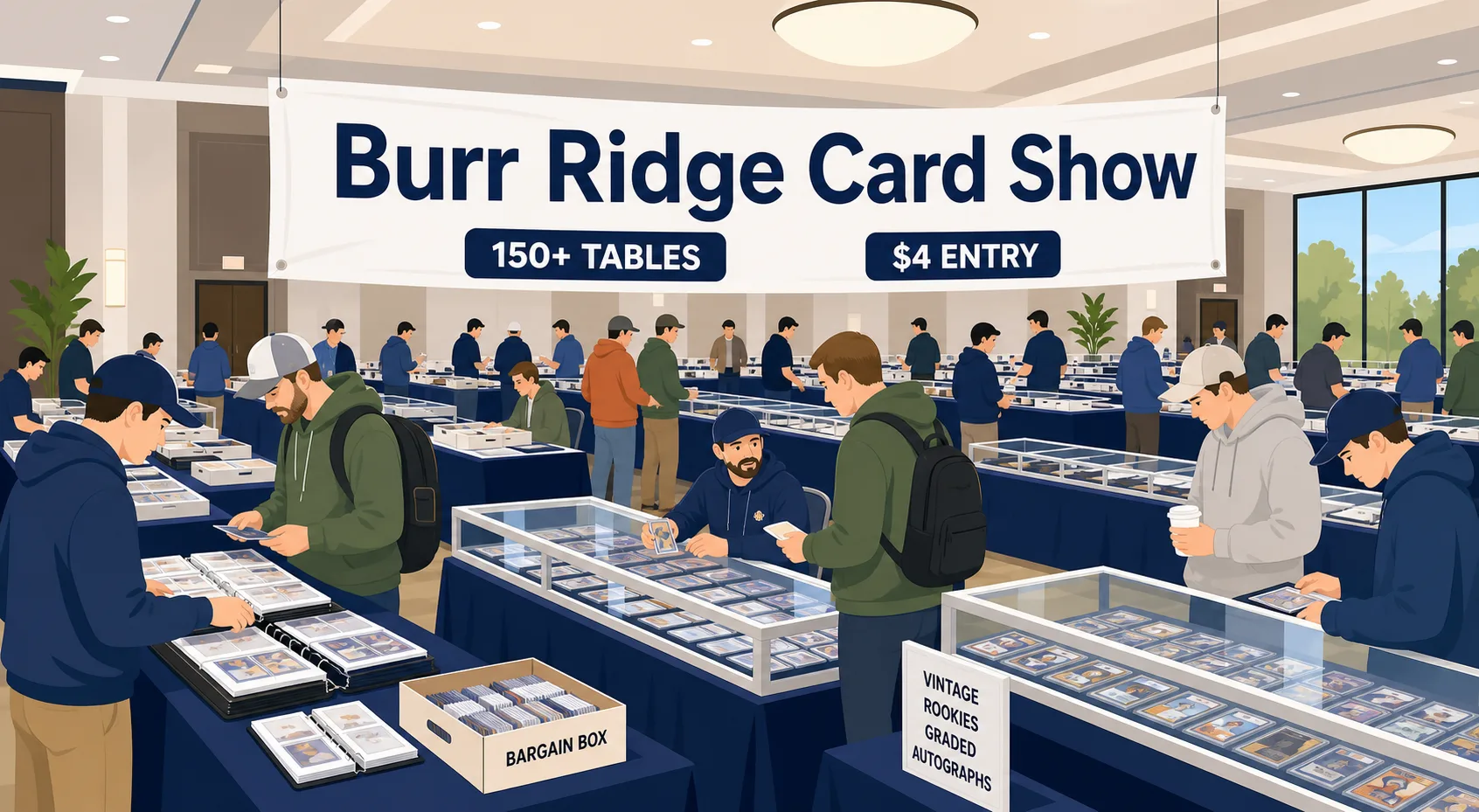 Burr Ridge Card Show in Illinois with 150+ tables, collectors browsing glass cases of graded cards, vintage rookies, autographs and $1 bargain bins.