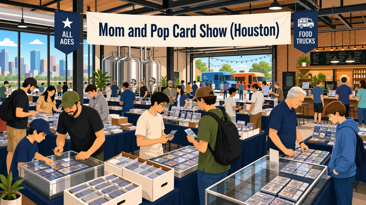 An all-ages card show inside a spacious Houston taproom, with collectors browsing display cases, binders, slabs, and bargain boxes beneath Mom and Pop Card Show Houston signage.