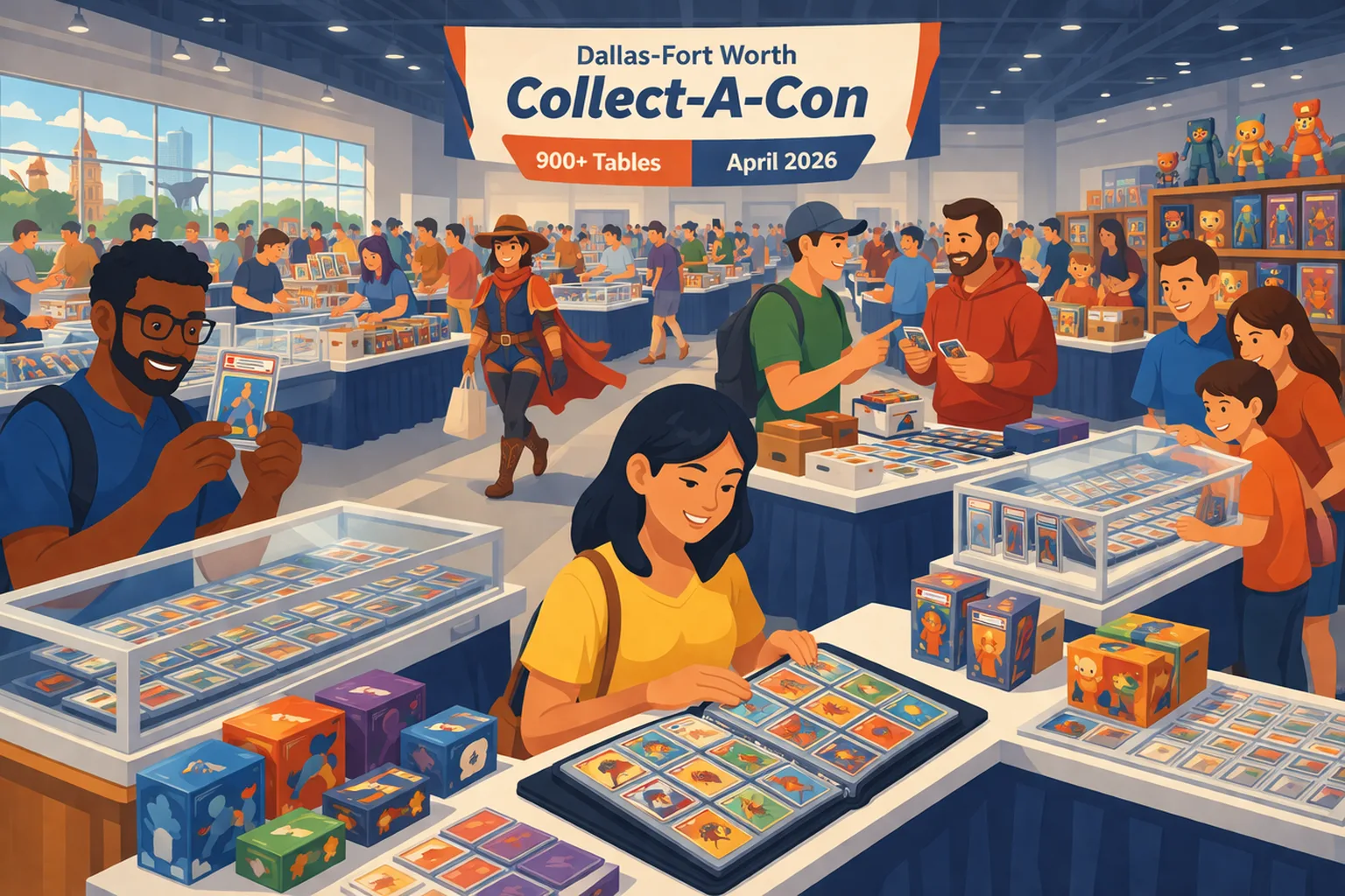 Dallas-Fort Worth Collect-A-Con hero illustration showing collectors browsing trading cards, anime merch, and pop culture booths at a large Fort Worth convention center event in April 2026.
