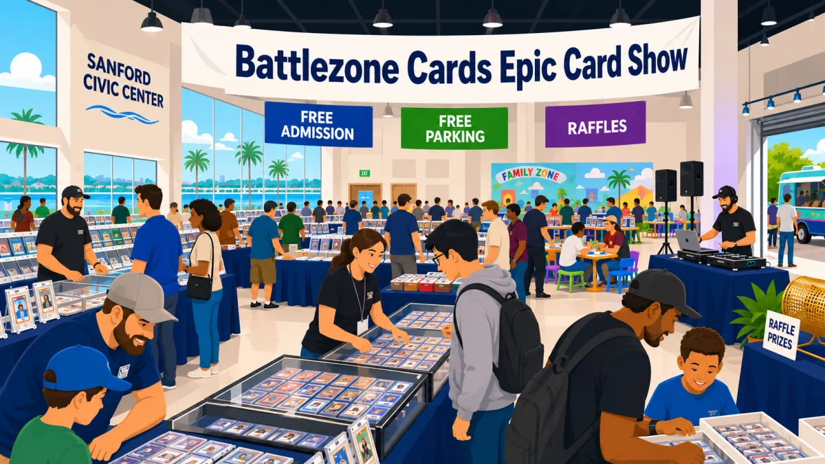 Illustrated Sanford Civic Center card show with families browsing card tables beneath a Battlezone Cards Epic Card Show banner, with free-admission, free-parking, and raffle callouts.