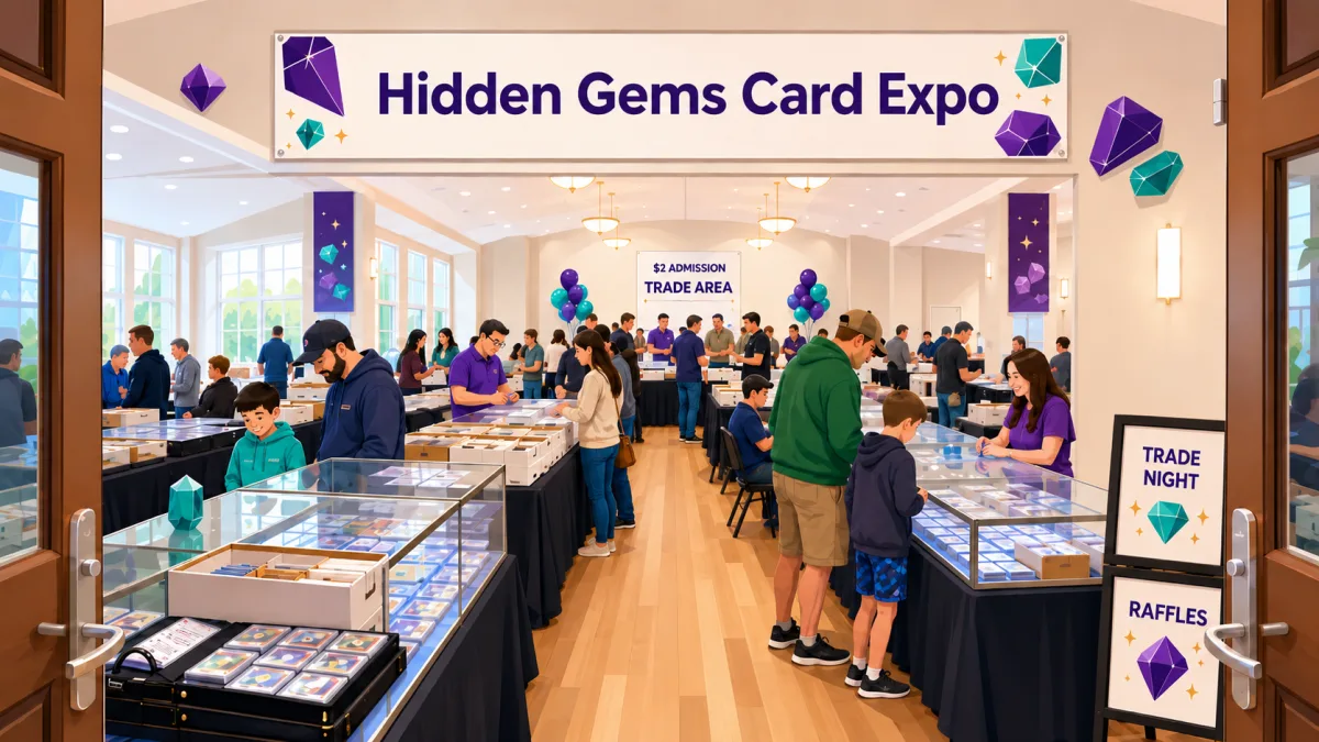 Illustrated community event hall where collectors browse card tables beneath a Hidden Gems Card Expo banner with trade-night and raffle signs.
