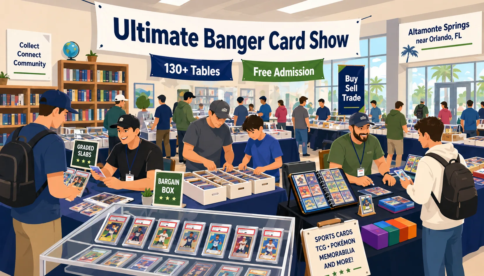 Ultimate Banger Card Show in Altamonte Springs near Orlando, FL — collectors browsing graded slabs, bargain box singles, and binders across 130+ tables.