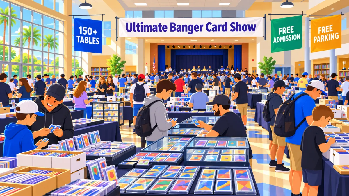 Illustration of collectors and families browsing vendor tables in a school media center and auditorium beneath an Ultimate Banger Card Show banner with 150+ tables, free admission, and free parking callouts.