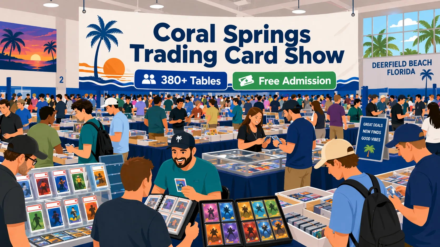 Illustration of the Coral Springs Trading Card Show in Deerfield Beach, Florida, inside a large indoor gym-style venue with vendor tables, display cases, sports cards, Pokémon binders, collectibles, and collectors browsing.