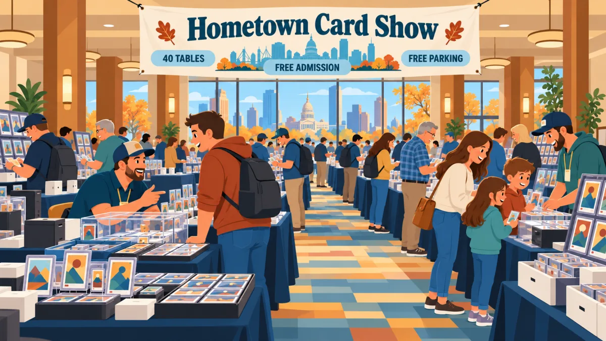 Collectors and a family browse card displays in a hotel event room beneath a Hometown Card Show banner. Smaller signs highlight 40 tables, free admission, and free parking.