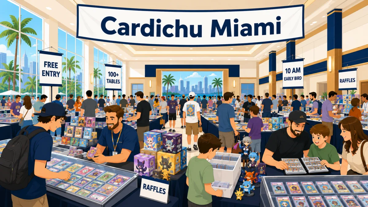 Cardichu Miami convention hall packed with collectors browsing graded card cases, sealed booster boxes, and 100+ vendor tables under a Free Entry banner