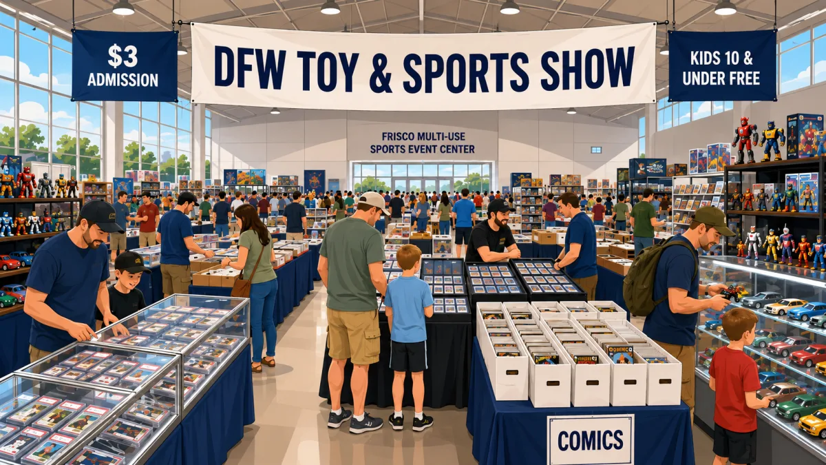 Illustrated interior of the DFW Toy & Sports Show with families and collectors browsing cards, comics, games, and toys beneath event signage.