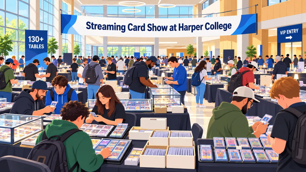 Illustrated view inside the Streaming Card Show at Harper College, with rows of card tables, display cases, binders, and collectors browsing beneath an event banner.