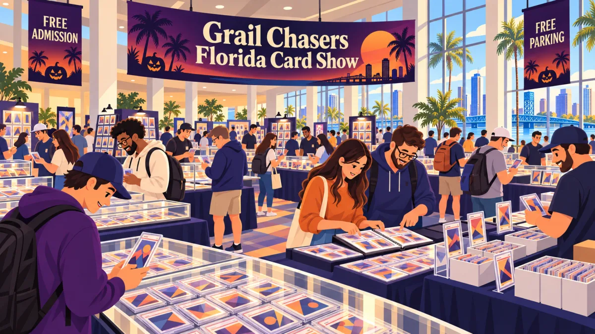 Collectors browse trading cards and display cases beneath a Grail Chasers Florida Card Show banner in a bright event hall. Orange and purple accents and pumpkin silhouettes give the scene a Halloween theme.