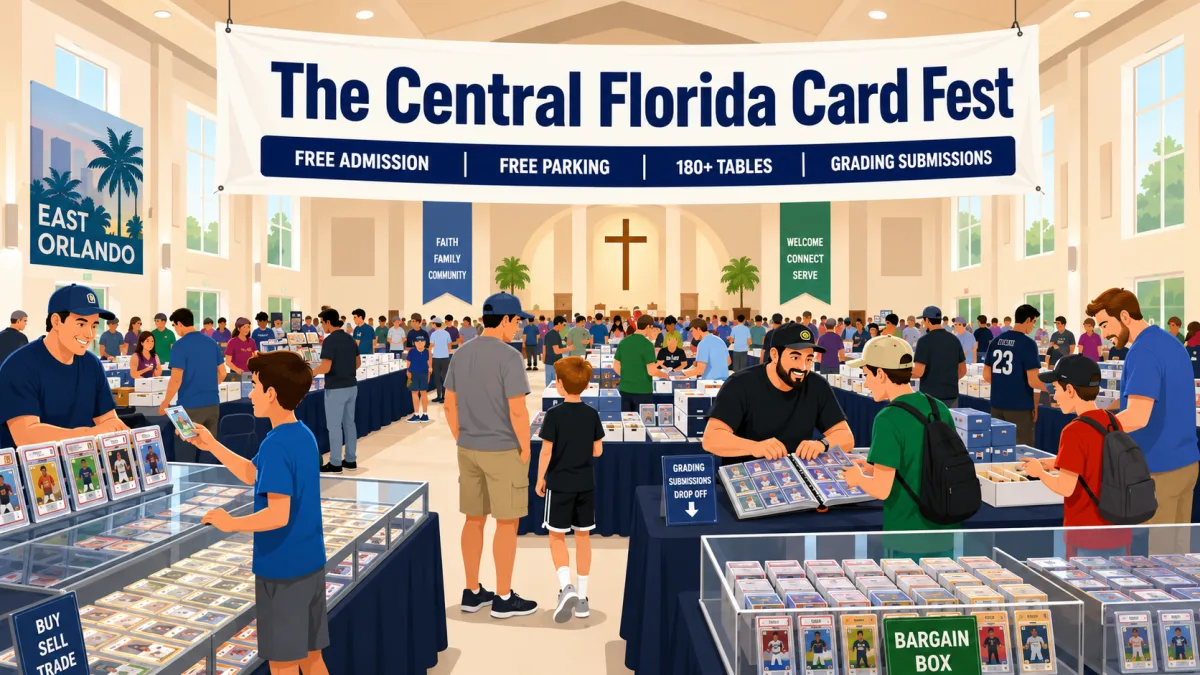 The Central Florida Card Fest in East Orlando, 180+ tables, grading submissions drop-off, and bargain boxes fill a bright church hall with buy, sell, and trade vendors.