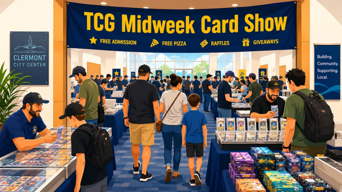 TCG Midwek Card Show at Clermont City Center with vendor tables displaying graded slabs and booster boxes, free admission, and family-friendly atmosphere.