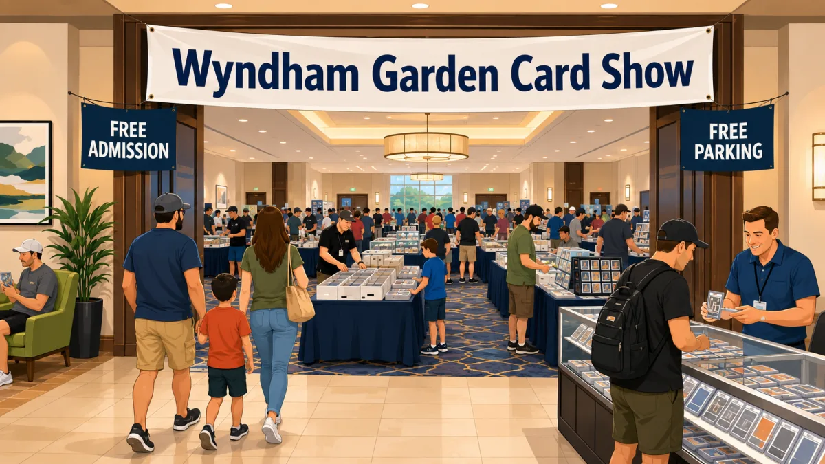 Wyndham Garden Card Show banner over a busy hotel ballroom with vendor tables, glass cases of graded cards, and Free Admission and Free Parking signs