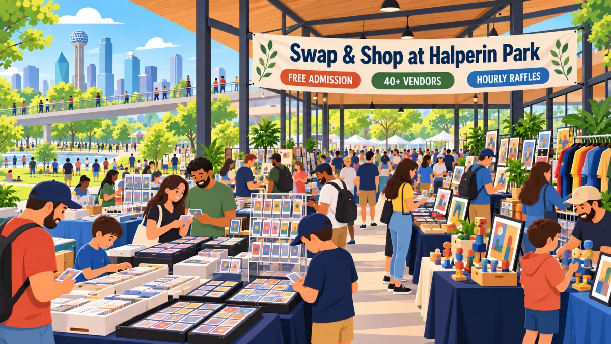 Illustrated Swap & Shop at Halperin Park market with trading-card tables, vintage racks, families, greenery, and the Dallas skyline.