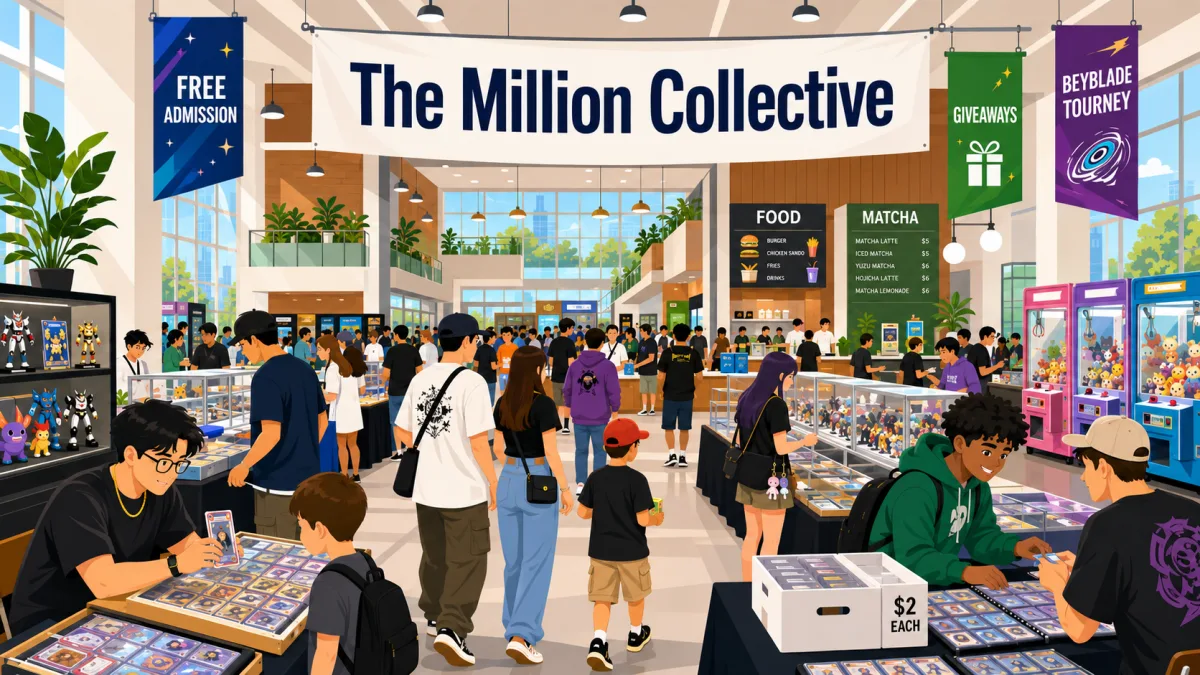 The Million Collective card show with attendees browsing trading card tables, glass figure display cases, claw machines, and a two dollar bargain box.