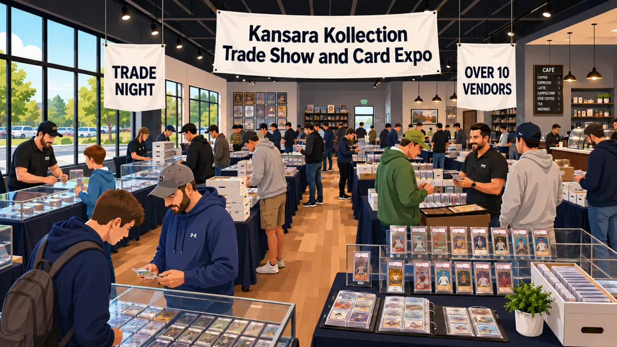 Collectors browse trading-card vendor tables inside the Kansara Kollection storefront beneath a Trade Show and Card Expo banner.