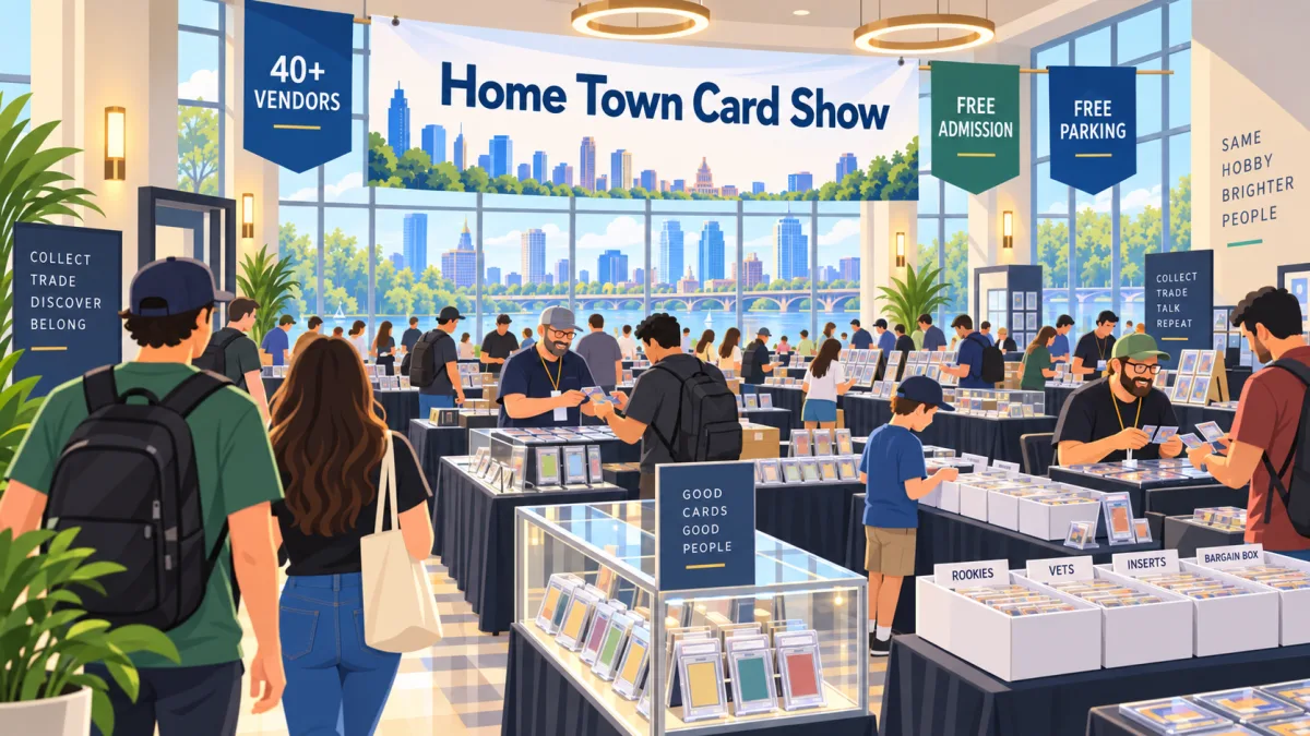 Illustrated hotel card-show hall with collectors browsing vendor tables beneath a Home Town Card Show banner with 40+ vendors, free admission, and free parking callouts.