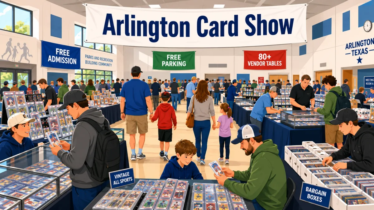 Arlington Card Show at a Parks and Recreation community building in Arlington, Texas, with families browsing graded cards, glass display cases, and bargain boxes.