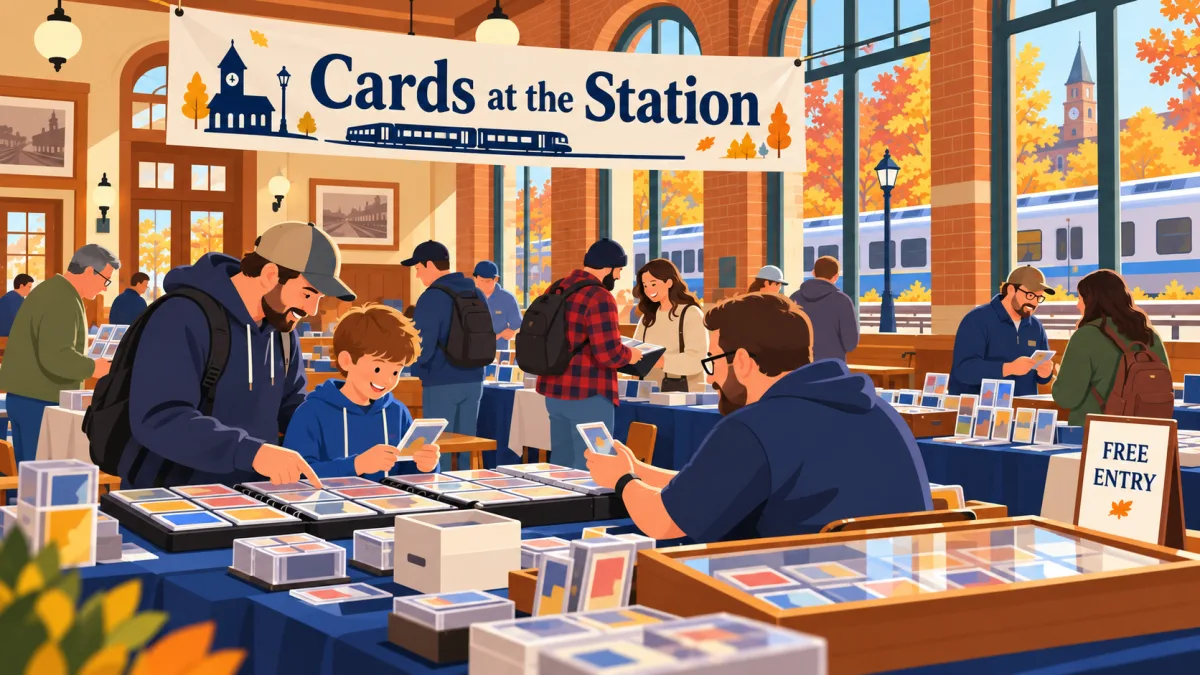 Collectors and a family browse trading card tables inside a railway station beneath a Cards at the Station banner. Autumn trees and a commuter train are visible through the windows.