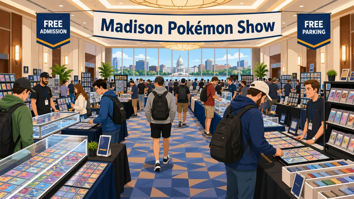Vector-style illustration of collectors browsing card tables inside a Madison hotel ballroom beneath a Madison Pokémon Show banner with free admission and parking callouts.