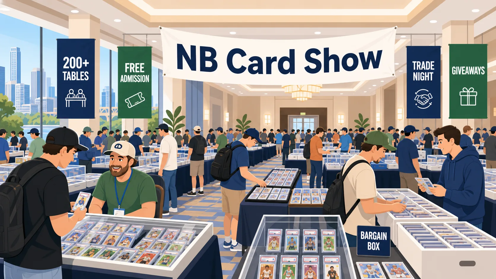 NB Card Show ballroom packed with collectors browsing graded sports cards, bargain box bins, and 200+ tables under banners for trade night and giveaways.