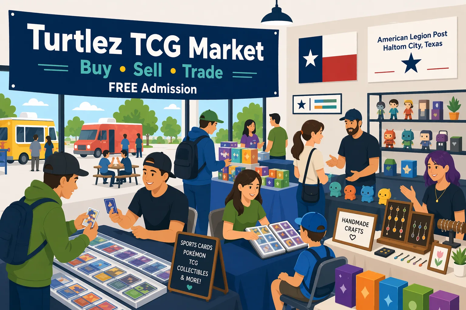 Illustrated show floor for Turtlez TCG Market in Haltom City, Texas, with card vendors, sports card cases, Pokémon binders, collectibles, craft booths, and collectors browsing inside a relaxed community hall.
