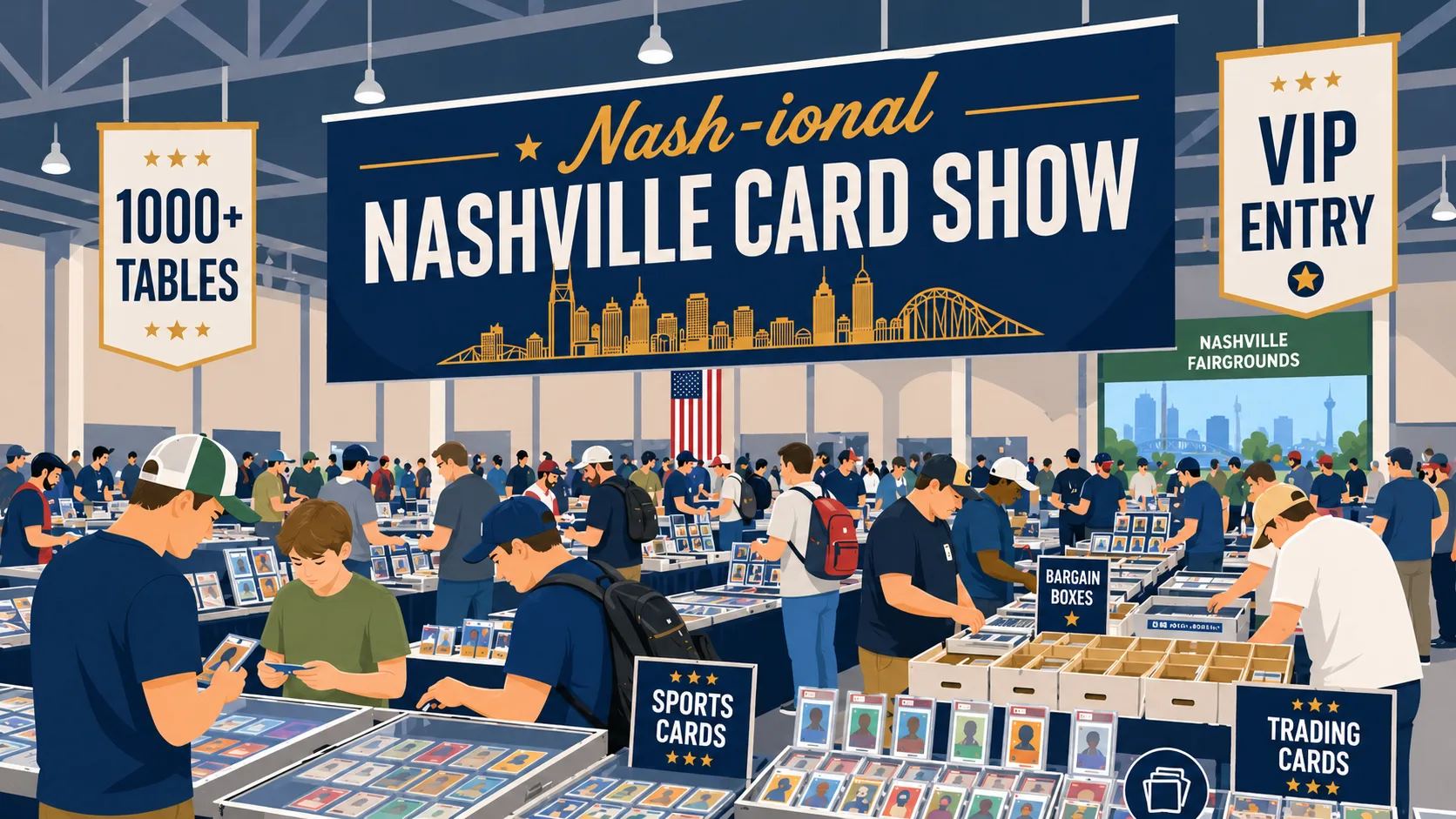 Nashville Card Show at the Nashville Fairgrounds, TN — packed expo floor with 1000+ tables, sports cards and Pokémon displays, and VIP entry.