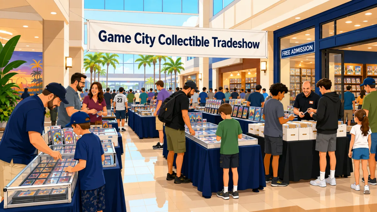 Families and collectors browse card tables in a bright mall concourse beneath a Game City Collectible Tradeshow banner.