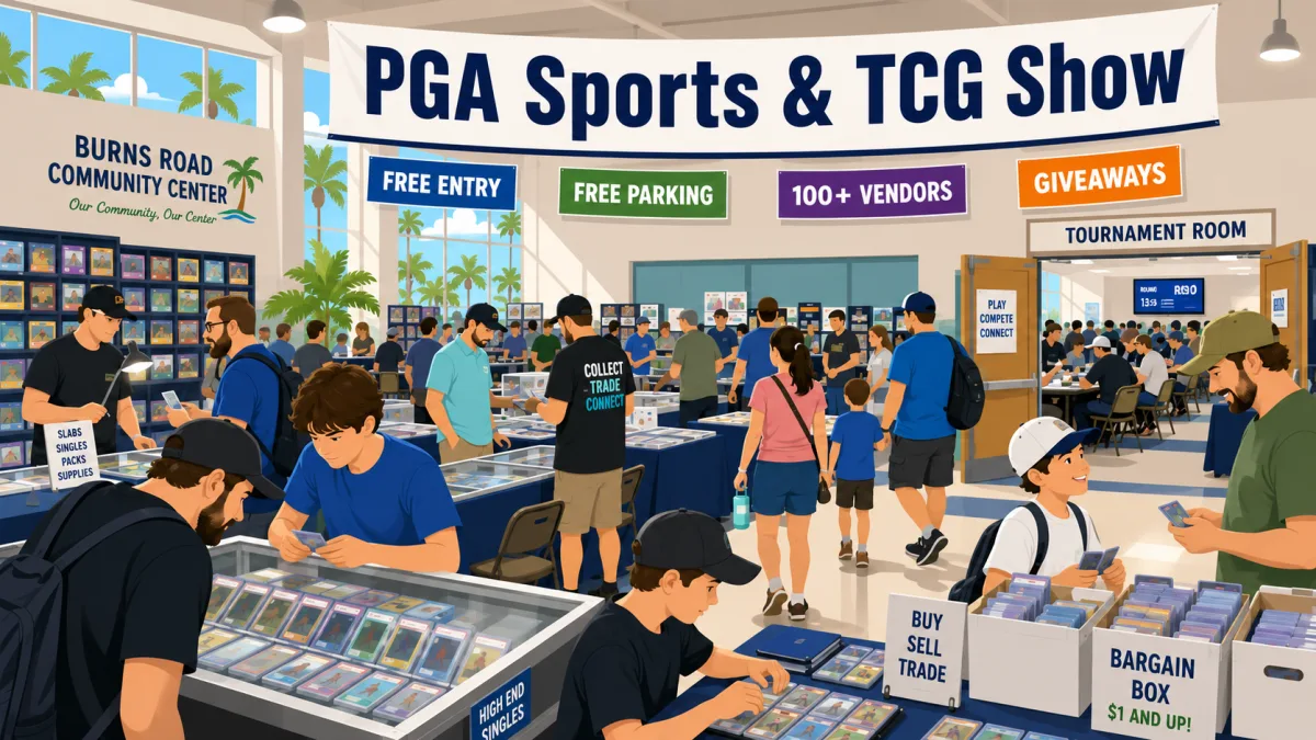 PGA Sports and TCG Show at Burns Road Community Center in Palm Beach Gardens, with vendor tables of graded card slabs, a bargain box, and tournament room.