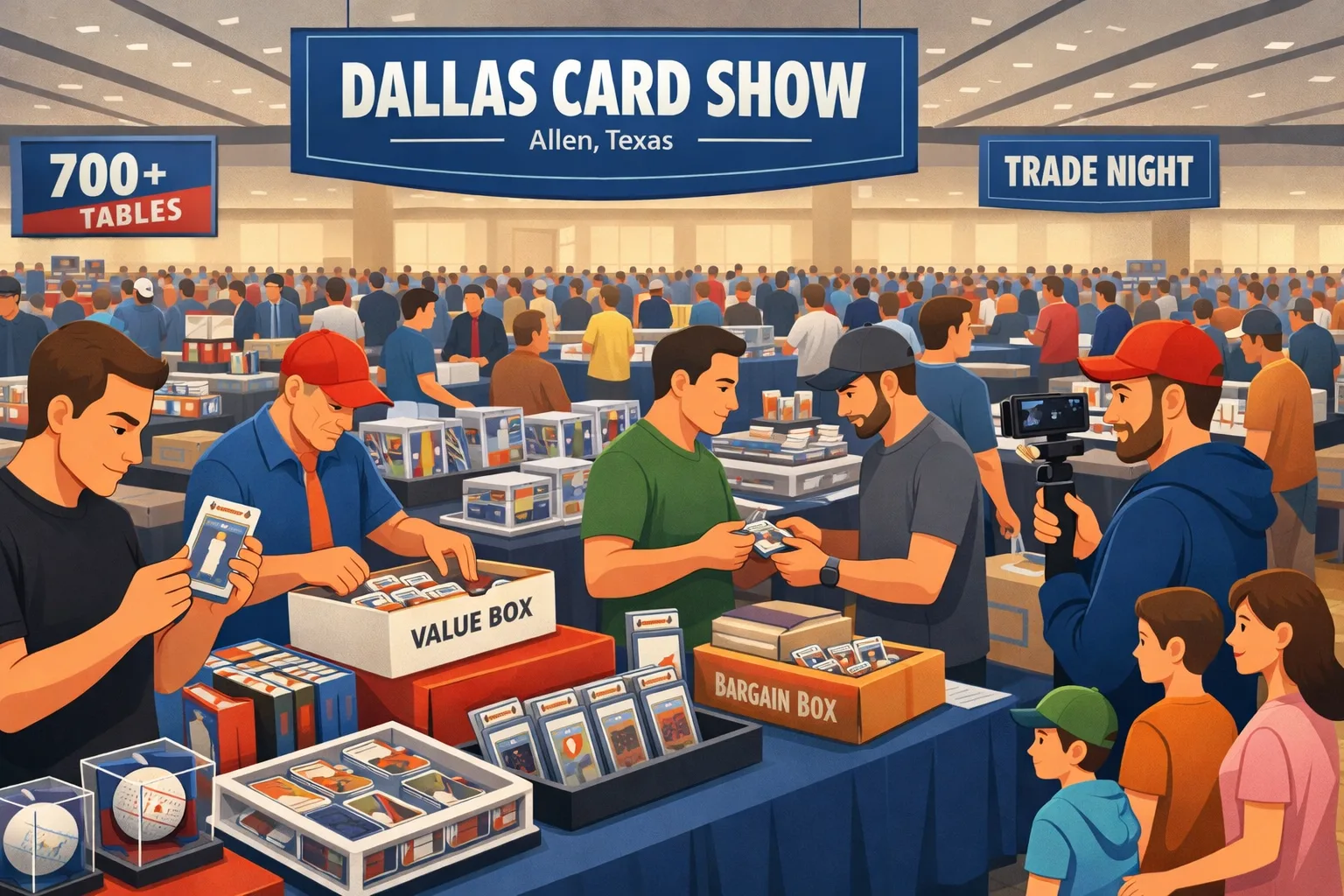 Dallas Card Show hero illustration showing a busy hotel convention floor in Allen, Texas with collectors browsing vendor tables, sports cards, Pokémon cards, display cases, and large event signage for the May 2026 show.