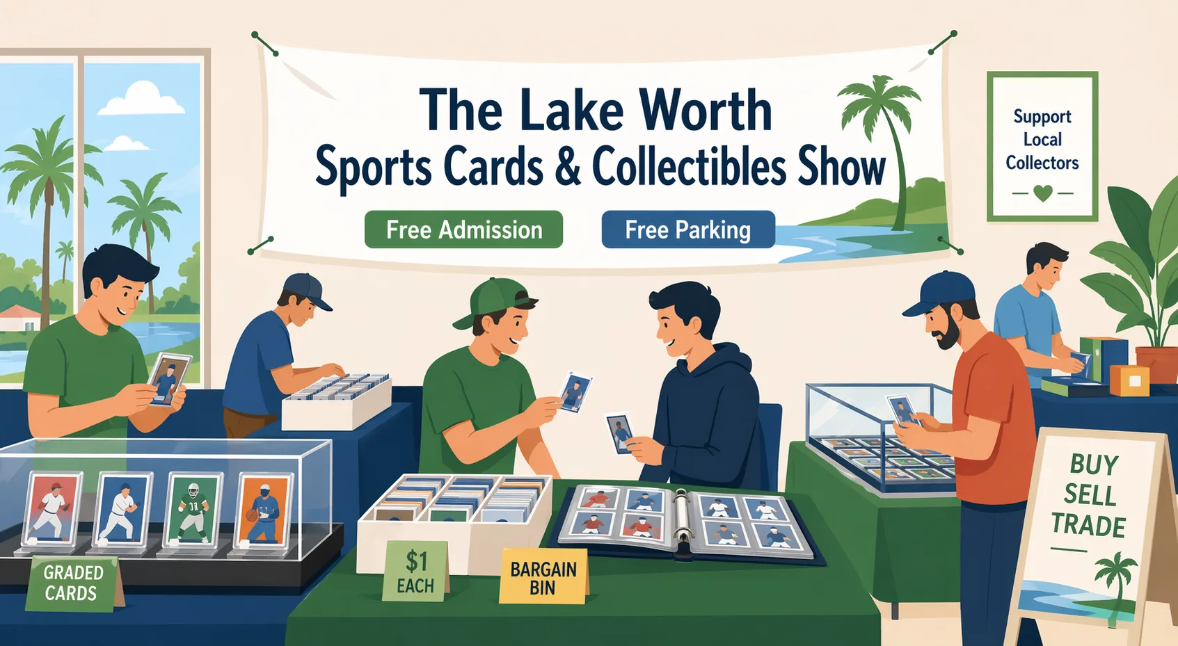Illustration of The Lake Worth Sports Cards & Collectibles Show in Greenacres, Florida, showing a busy community hall with vendor tables, display cases, sports card slabs, bargain boxes, two excited collectors, and a “Support Local Collectors” sign.