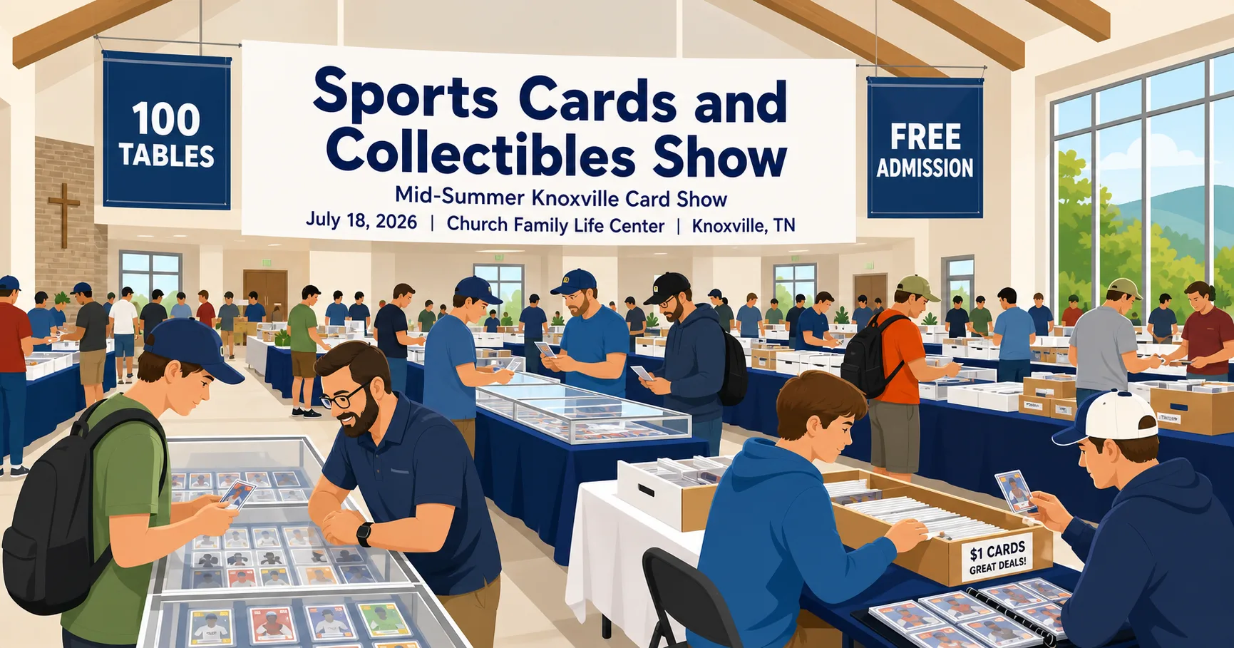 Mid-Summer Knoxville Card Show at Church Family Life Center, TN — 100 tables of sports cards, glass display cases, $1 bargain bins, free admission.