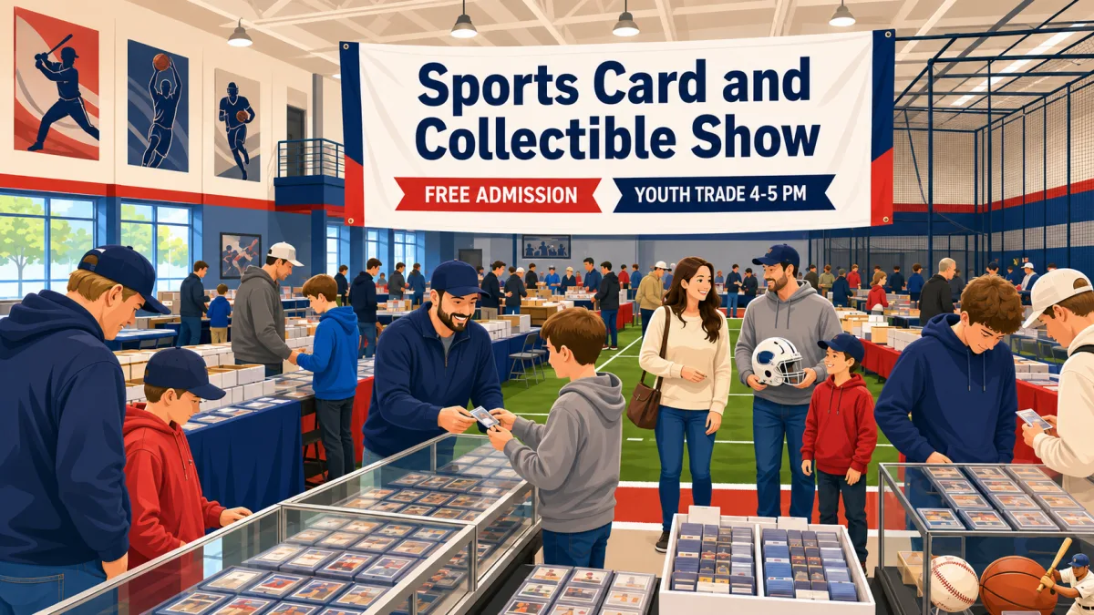Illustration of families and collectors browsing sports cards and memorabilia inside Overtime Training Academy beneath Sports Card and Collectible Show signage.