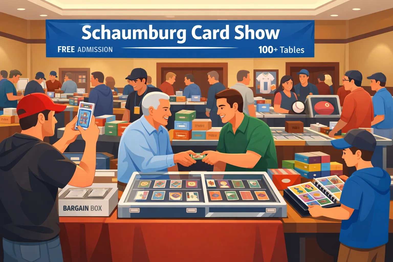 Hero illustration of the Schaumburg Card Show in Schaumburg, Illinois, showing a busy hotel ballroom with vendor tables, sports cards, Pokémon cards, wax boxes, display cases, and collectors browsing.