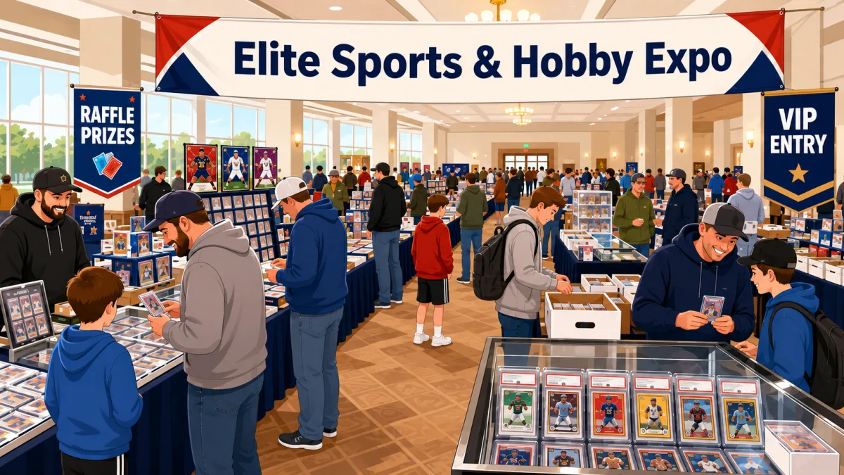 Elite Sports & Hobby Expo ballroom with collectors browsing graded slab display cases, sports card tables, and Raffle Prizes and VIP Entry banners.
