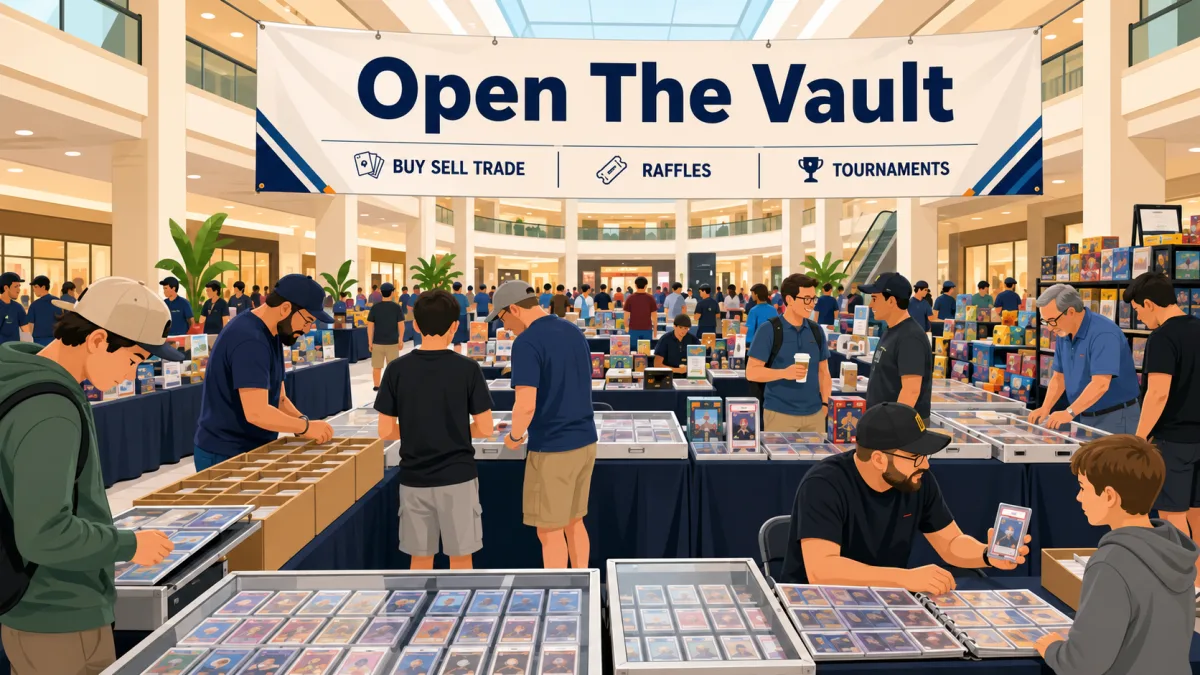 Open The Vault card show fills a busy mall atrium, with collectors browsing graded slab display cases, bargain box bins, and vendor tables of sealed product.