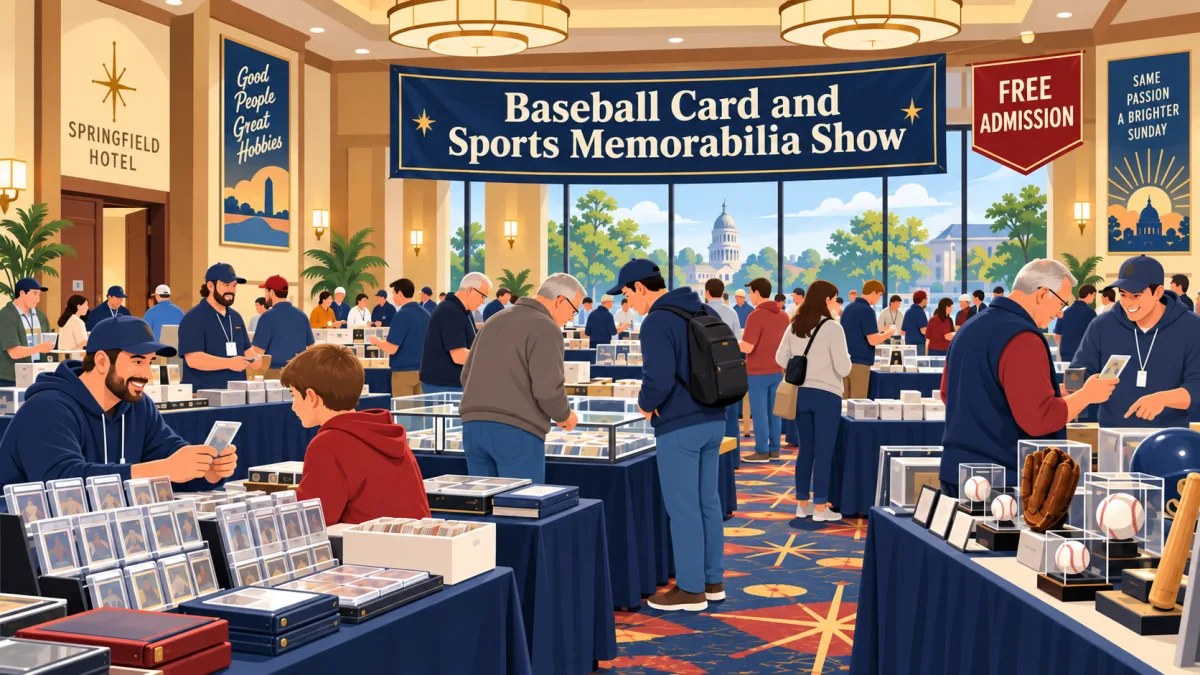 Illustrated Springfield hotel card show with collectors browsing sports cards and memorabilia beneath a free-admission event banner.