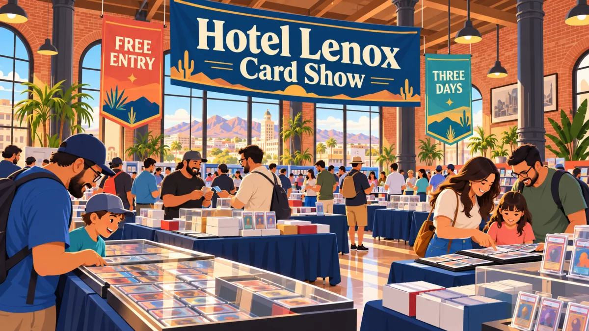 Collectors browse trading cards at vendor tables beneath a Hotel Lenox Card Show banner inside a historic downtown El Paso venue.